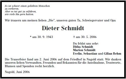 Schmidt Dieter 1943-2006 Todesanzeige